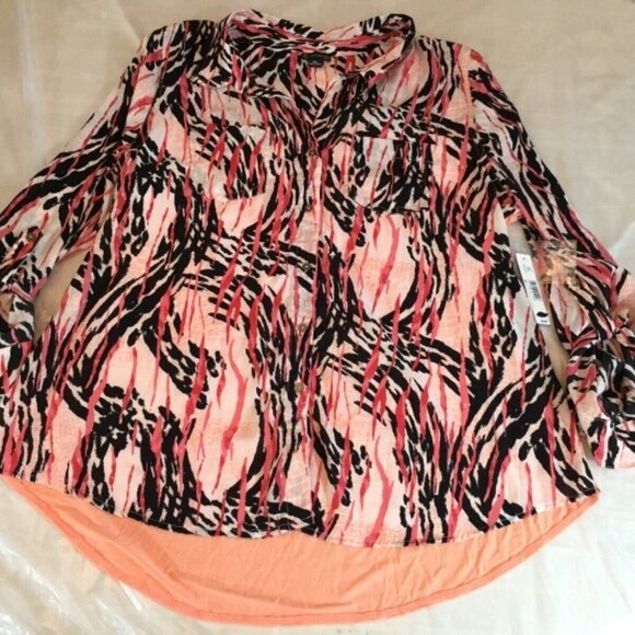 New Directions Womens Button Up Top Blouse Roll Up Sleeves Peach Paisley SZ PXL - Picture 8 of 16